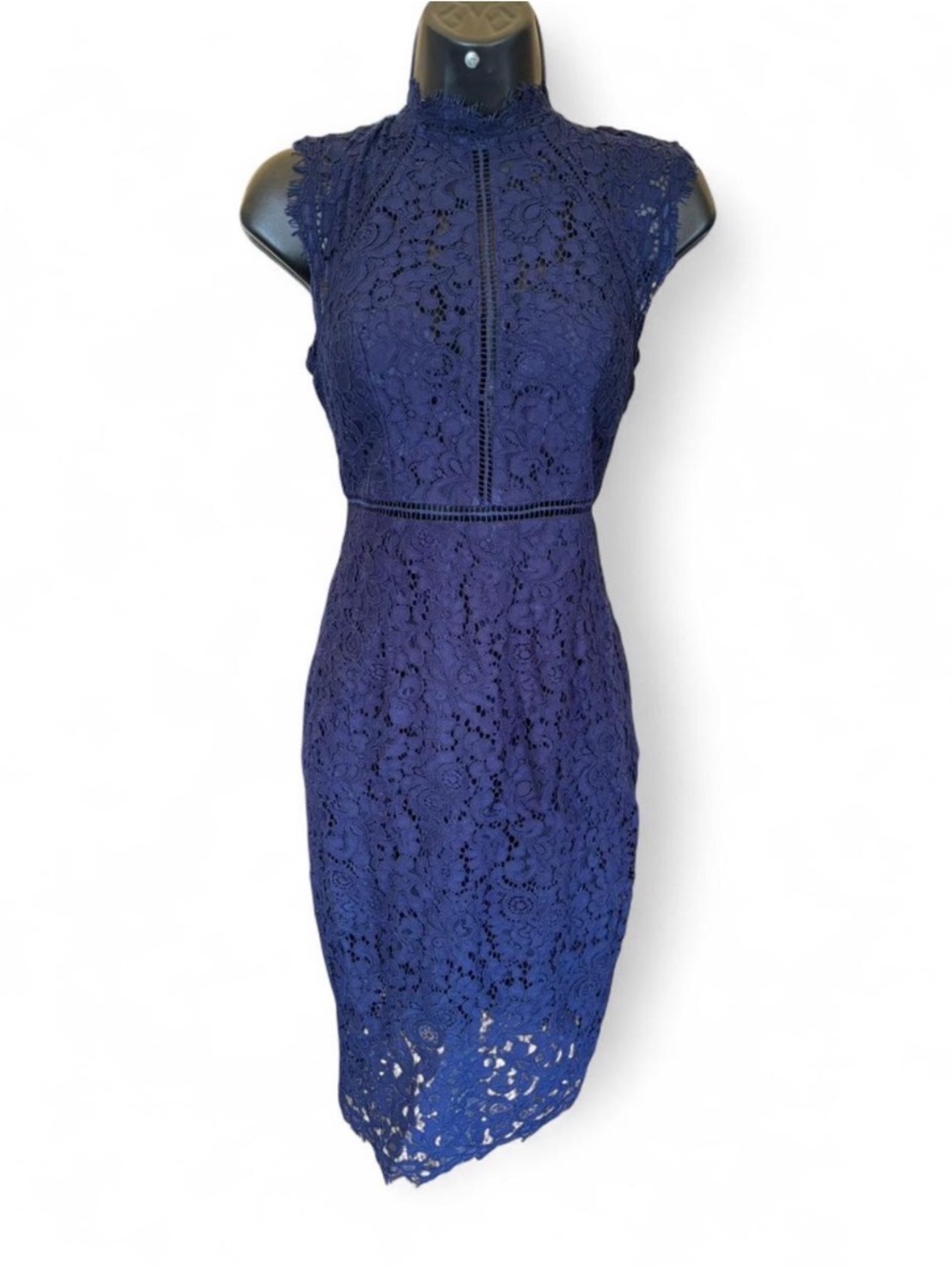 Bardot Navy Lace Midi Dress with High Neck